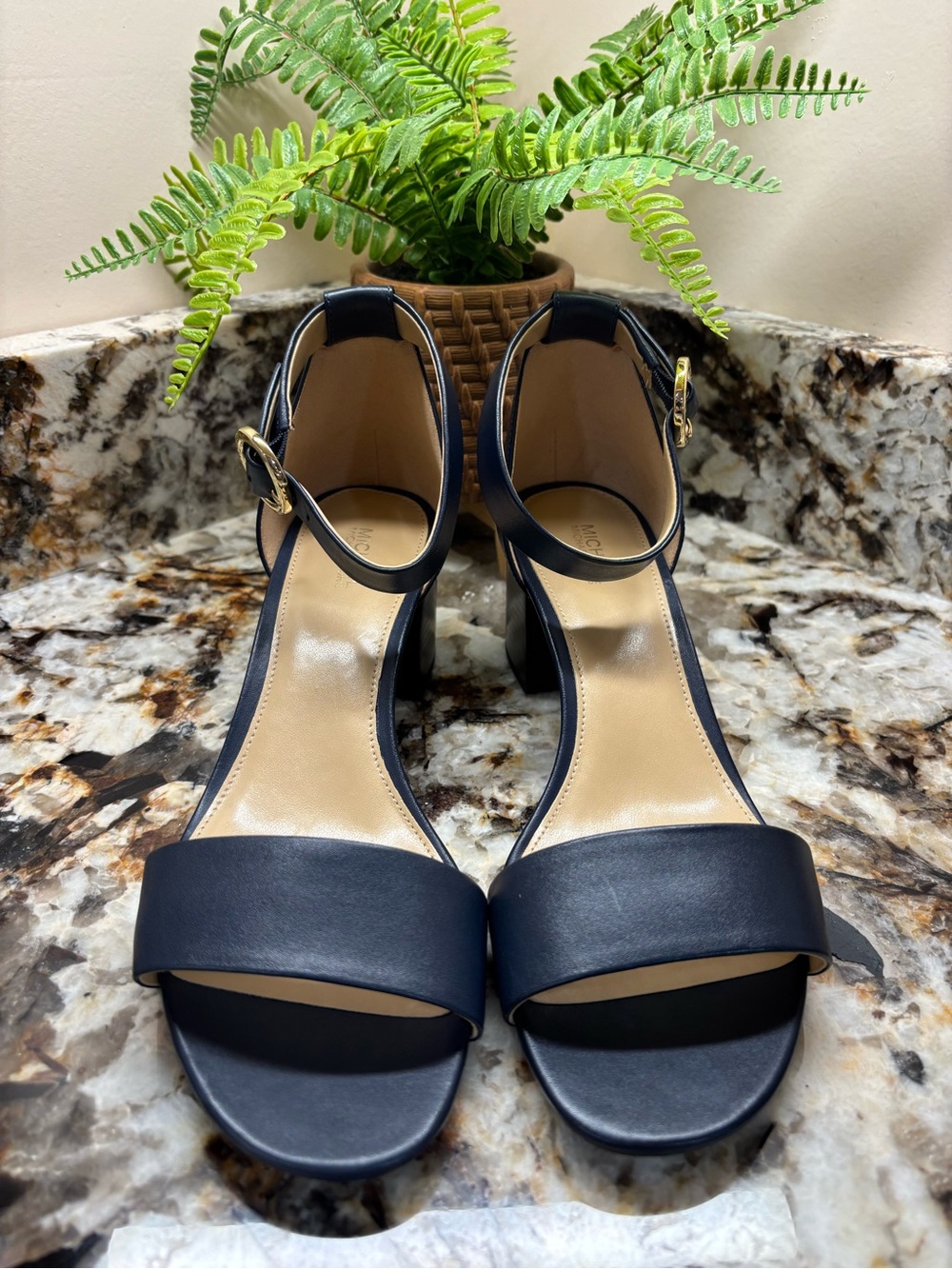 Michael Kors Navy Blue Ankle-Strap Block Heel Sandals - Picture 3 of 15